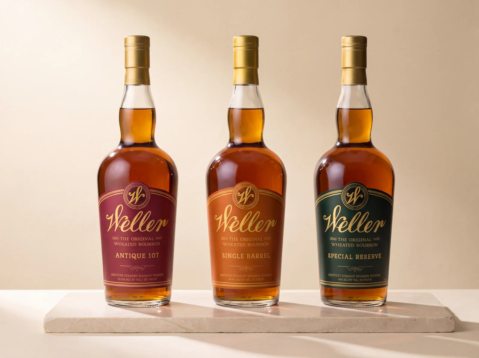 Weller Antique 107, Single Barrel and Special Reserve on ivory stone