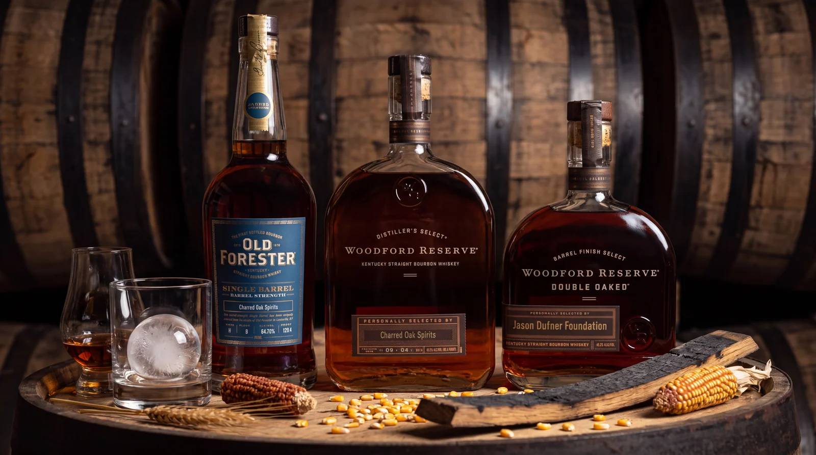 The three Charred Oak barrel picks in the barrel room